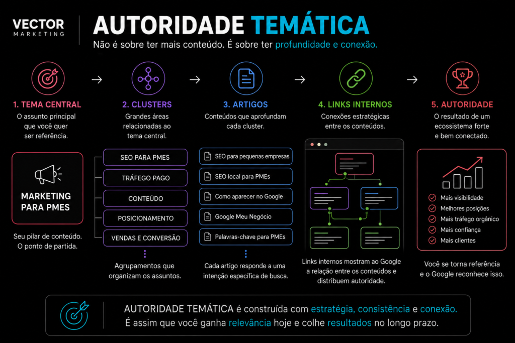AUTORIDADE TEMÁTICA — TEMA CENTRAL → CLUSTERS → ARTIGOS → LINKS → AUTORIDADE