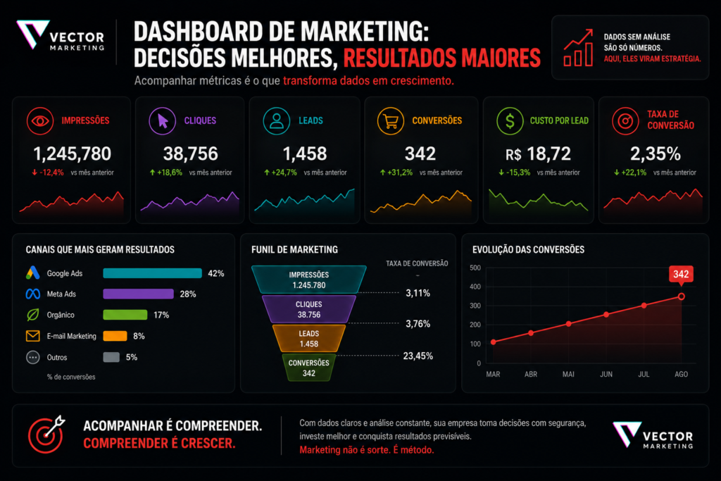 dashboard apresentando CAC, CPL, Leads, Conversão, ROAS e Receita.