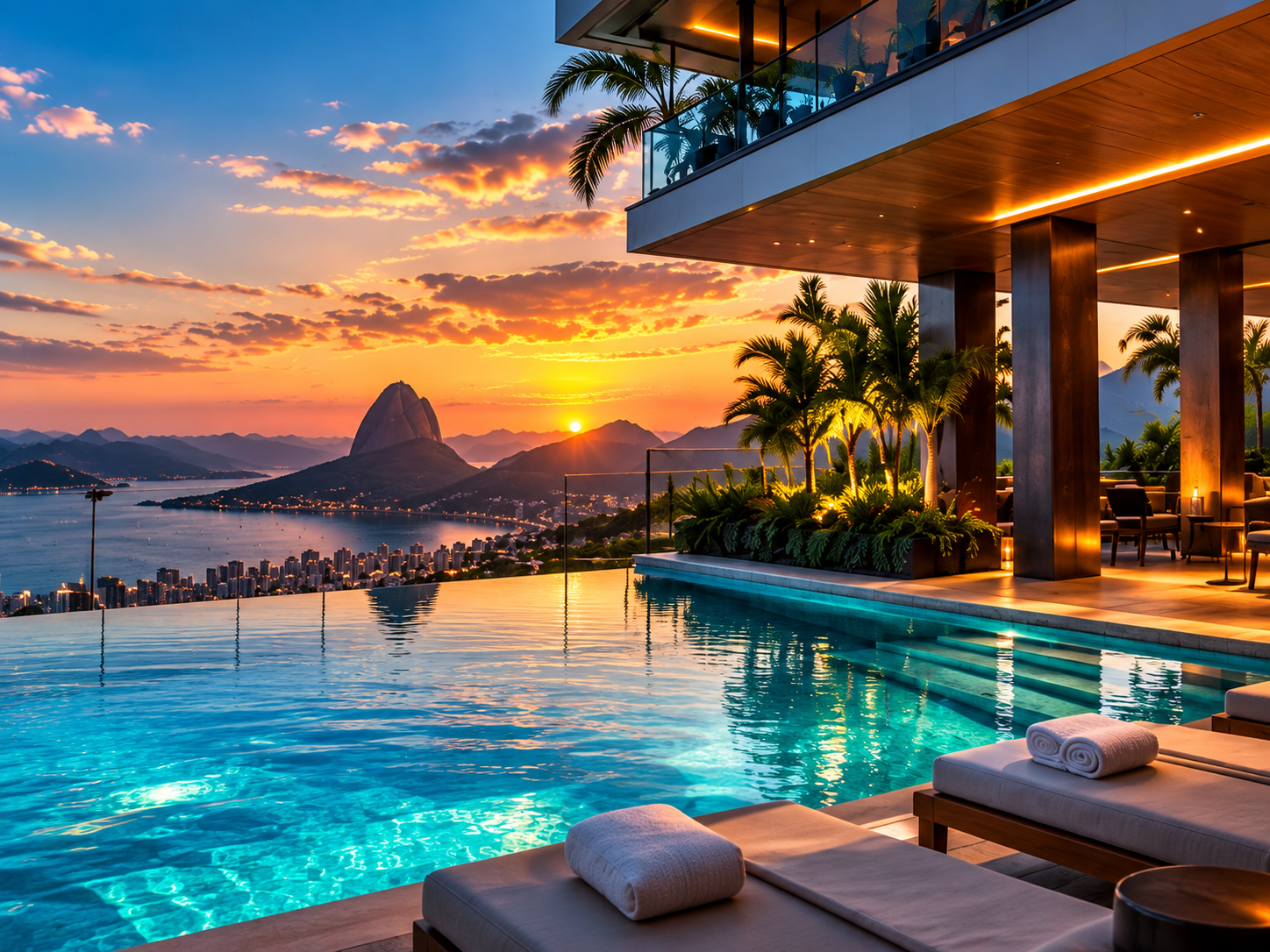 Área comum de hotel com piscina e vista para o Rio de Janeiro