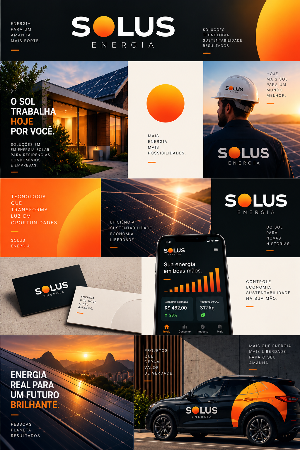 Projeto conceitual de branding para empresa de energia solar Solus Energia criado pela Vector Marketing