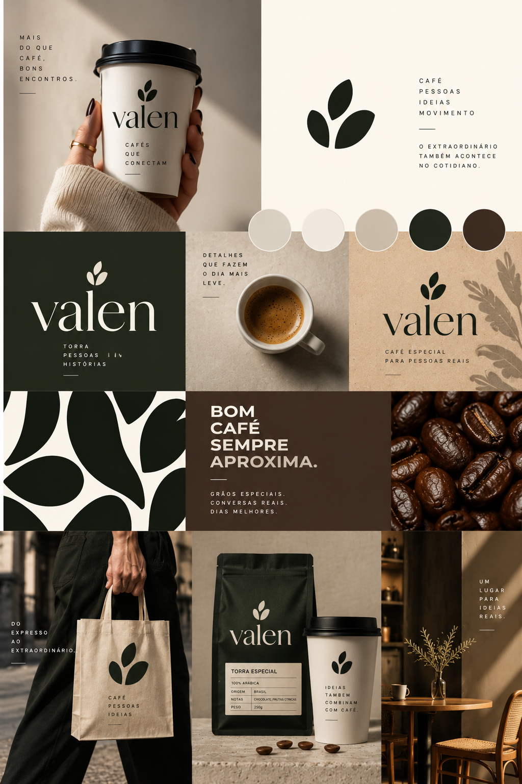 Projeto conceitual de branding para cafeteria Valen criado pela Vector Marketing