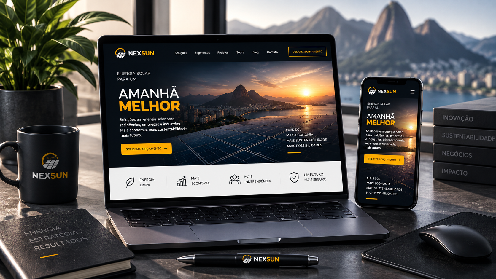 Exemplo de comunicação de marca aplicada em site e dispositivos digitais