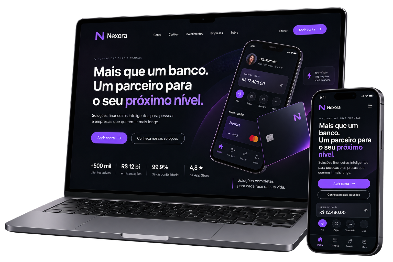 Site profissional responsivo para fintech em computador e celular