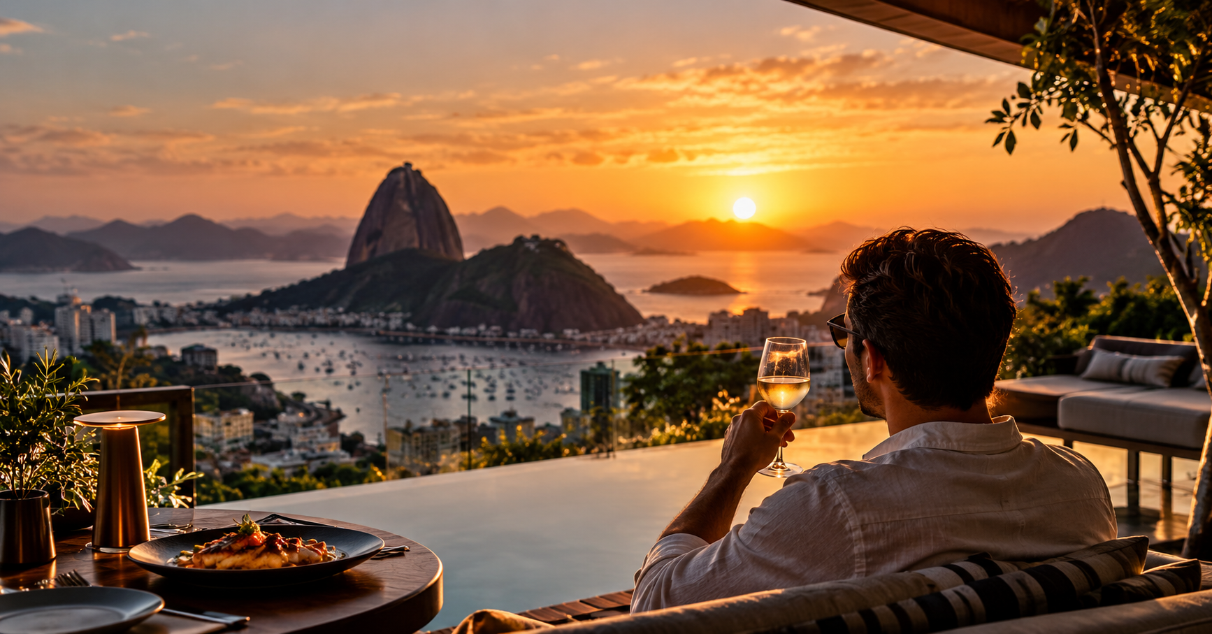 Hóspede vivendo experiência em hotel no Rio de Janeiro com vista para o Pão de Açúcar