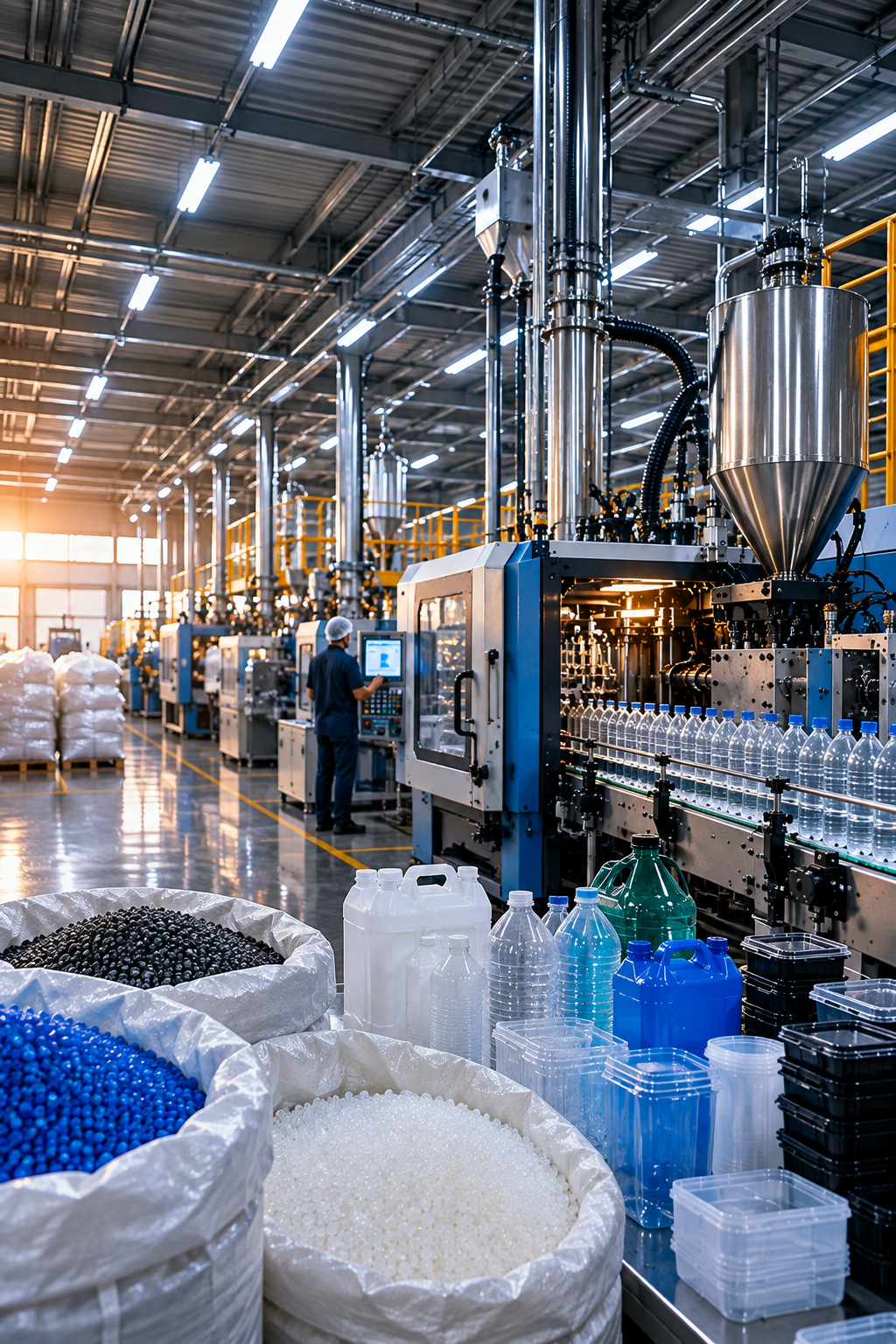 Fábrica de produtos plásticos com máquinas, linha de produção e embalagens