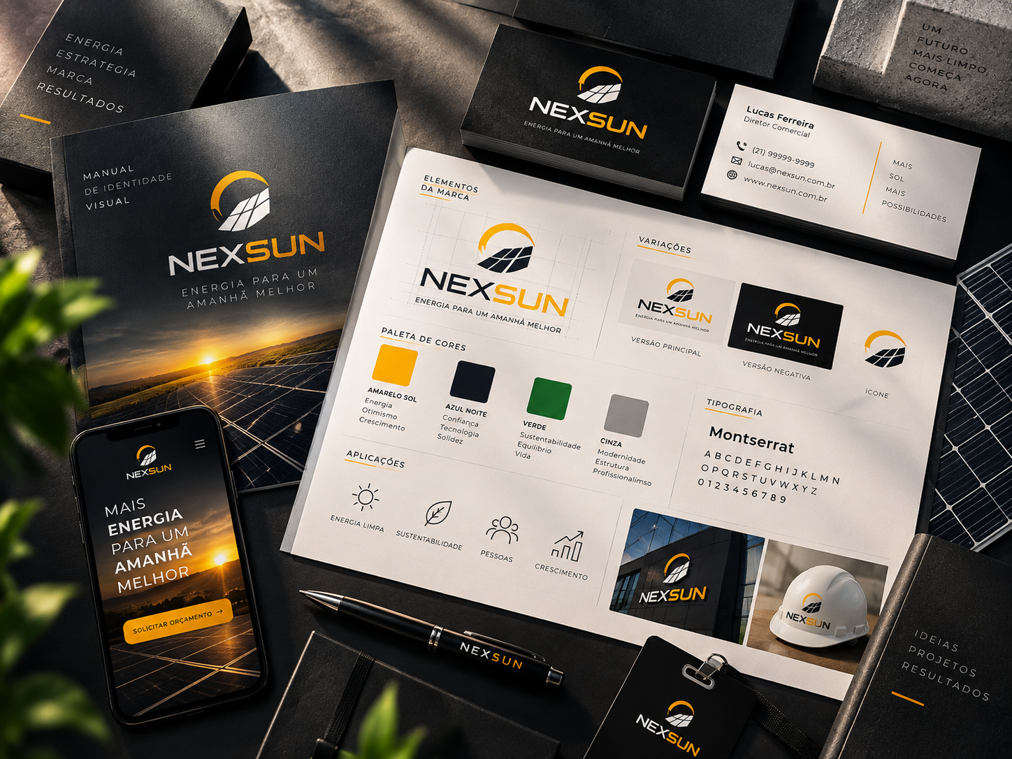 Exemplo de identidade de marca com logotipo, cores, tipografia e aplicações