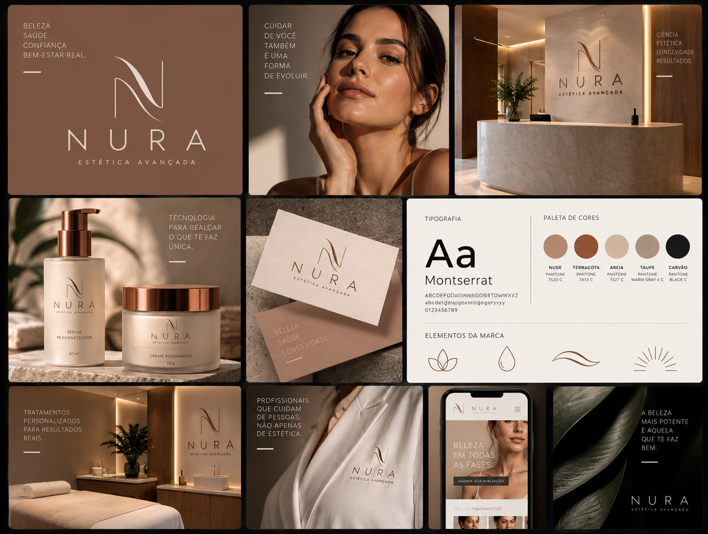 Projeto de branding para clínica de estética com identidade visual e aplicações da marca