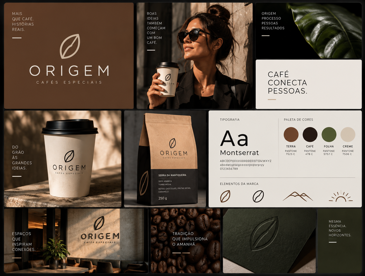 Projeto de branding para marca de café premium com identidade visual e aplicações