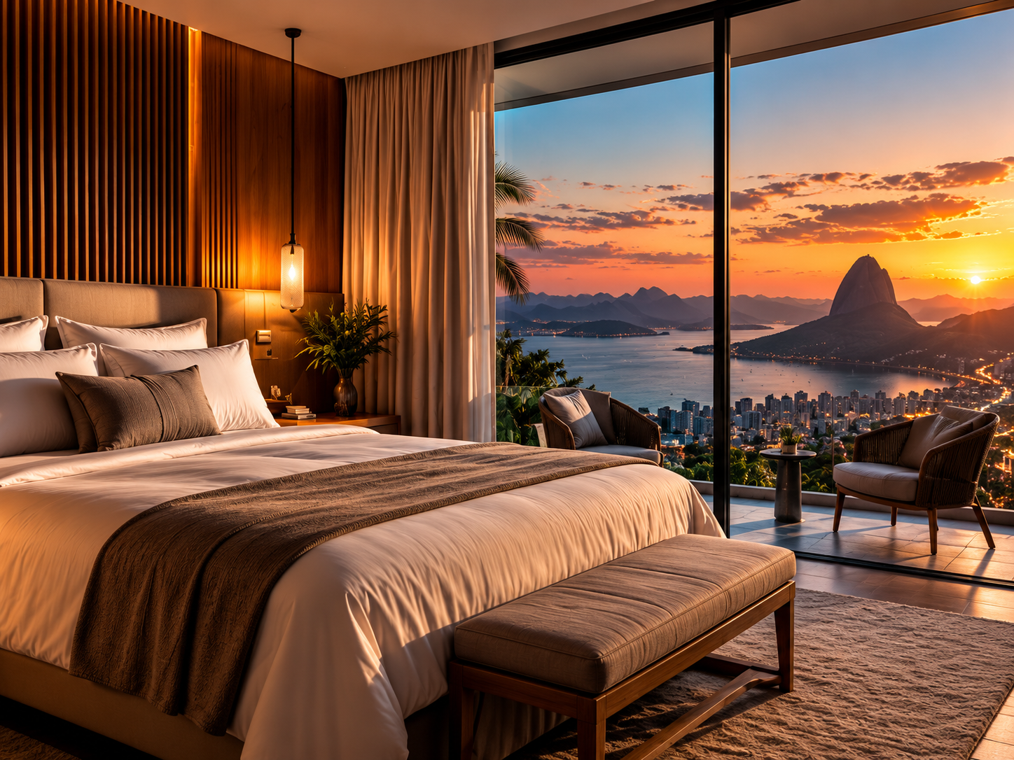 Quarto de hotel com vista para o Rio de Janeiro representando marketing para hotéis