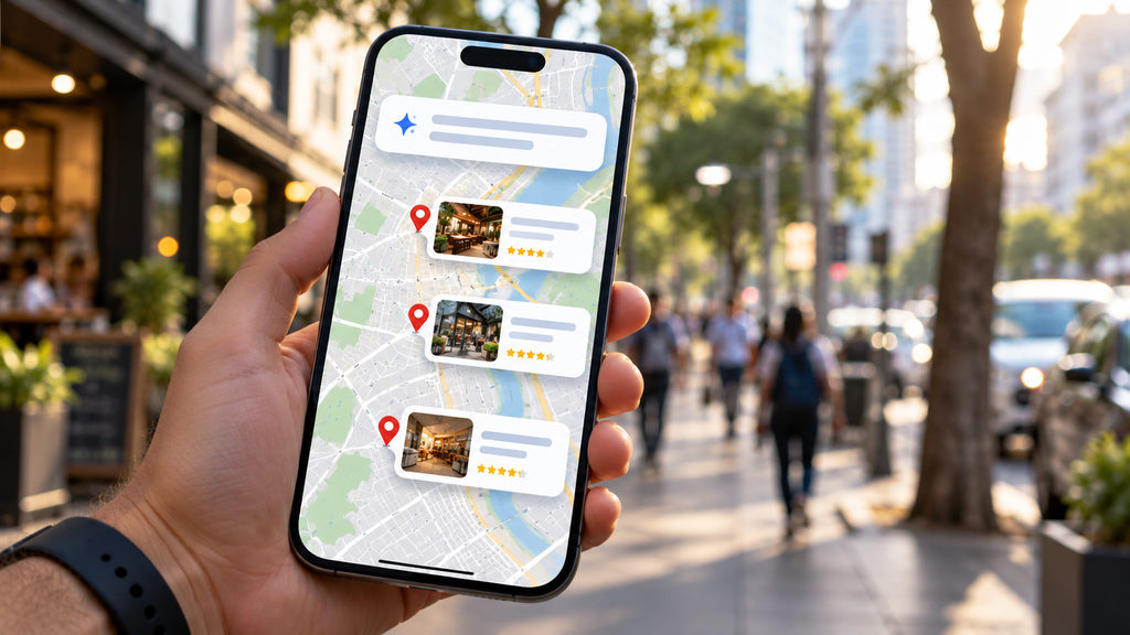 Celular exibindo mapa com recomendações de estabelecimentos locais geradas por inteligência artificial.