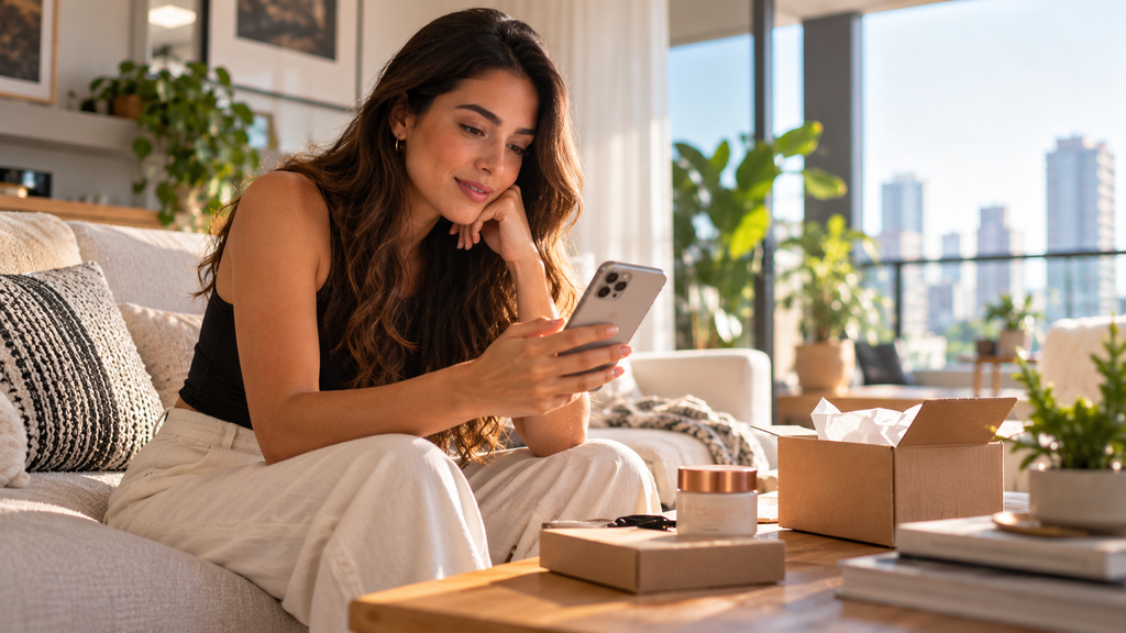 Consumidora assistindo demonstração de produto e realizando compra pelo smartphone