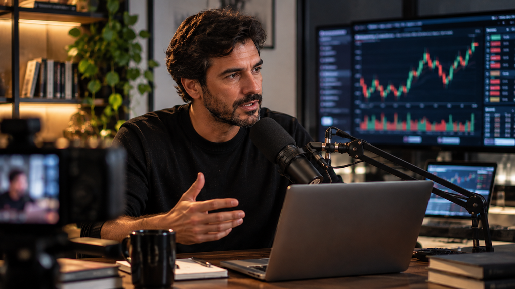 Apresentador produz conteúdo sobre mercado financeiro em estúdio