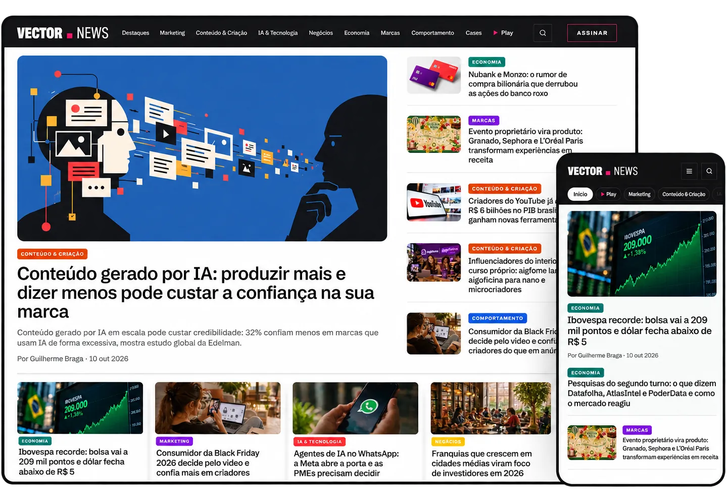 Vector News, portal de notícias da Vector, exibido em notebook e celular