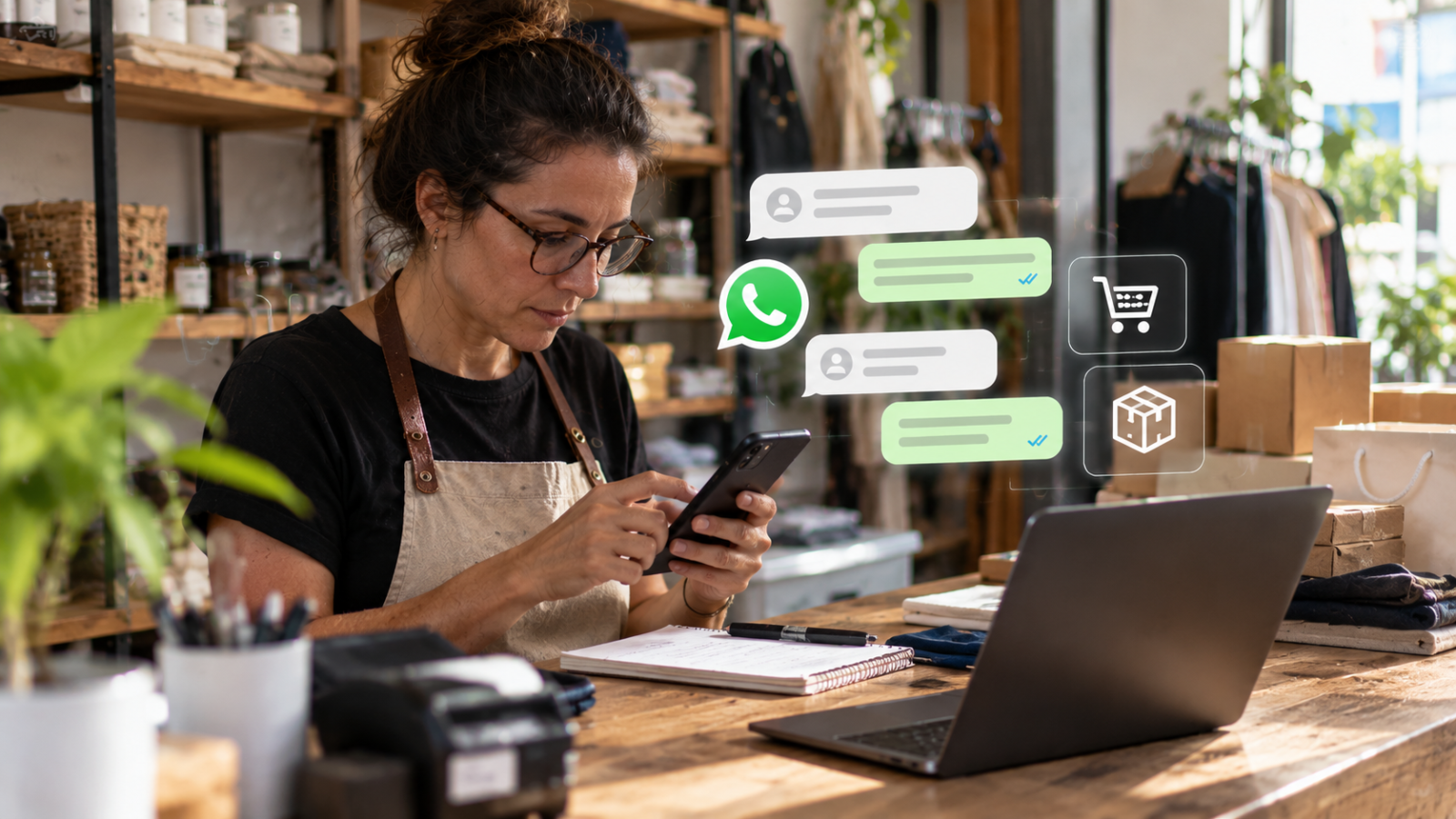 Dona de pequena empresa usando WhatsApp para vendas no atendimento aos clientes